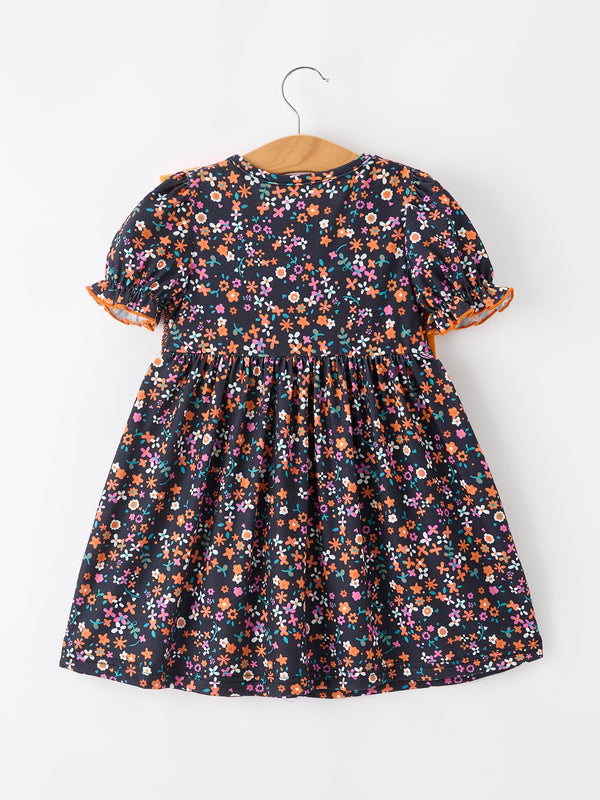 Fall Orange Bow Smocked Floral Girl Dress