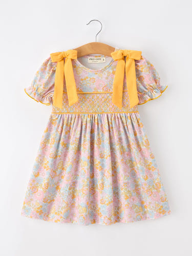 Yellow Bow Smocked Floral Girl Dress