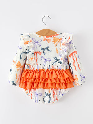 Halloween Bow Print Girls Romper Ruffle Bow Long Sleeve
