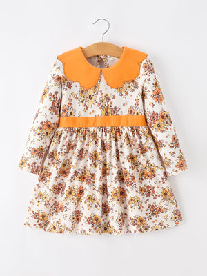 Fall Orange Floral Girl Dress Petals Collar