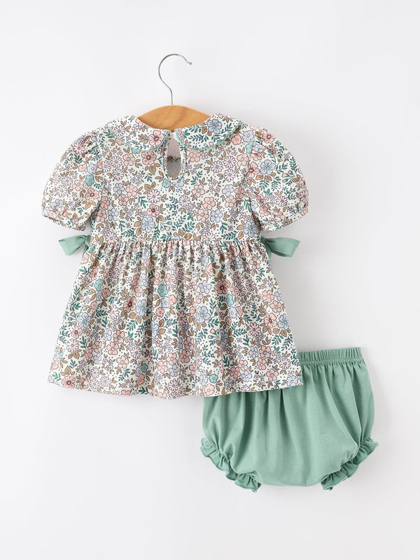 Sage Green Floral Smocked Girl Bloomer Set