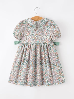 Sage Green Bow Floral Smocked Girl Dress