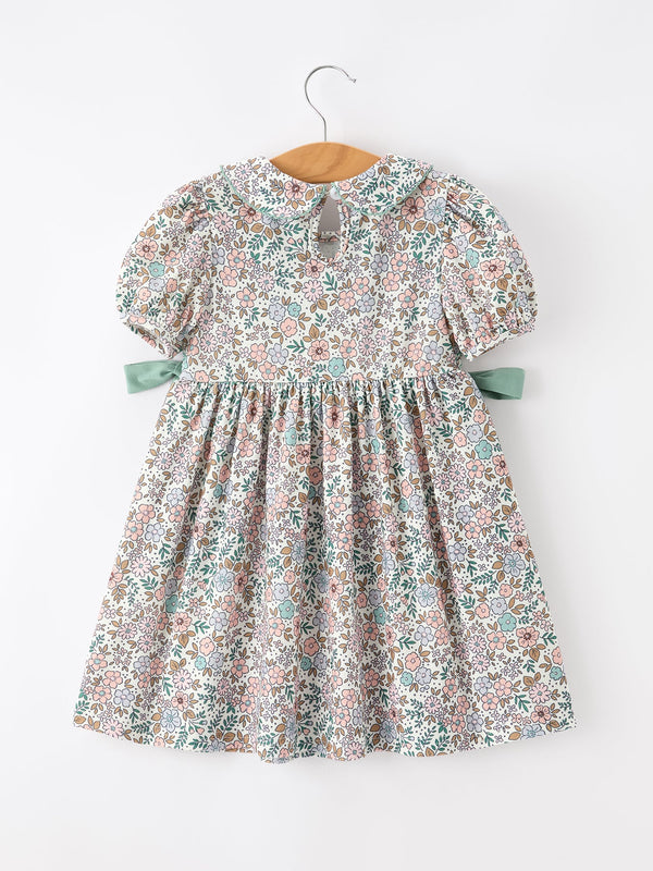 Sage Green Bow Floral Smocked Girl Dress