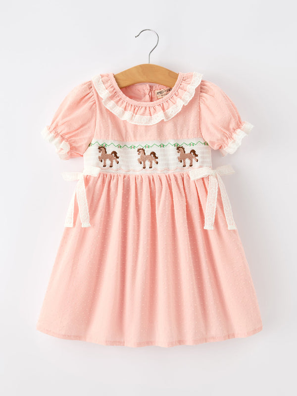 Western Horse Embroidery Girls Dress Lace Petals Collar Puff Sleeve