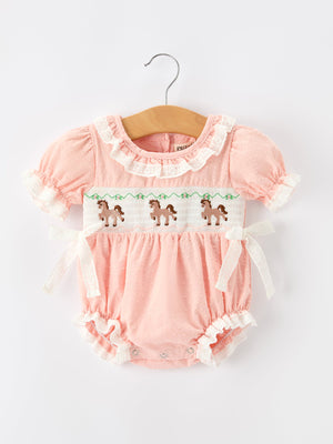 Western Horse Embroidery Girls Romper Lace Petals Collar Puff Sleeve