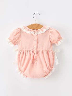 Western Horse Embroidery Girls Romper Lace Petals Collar Puff Sleeve
