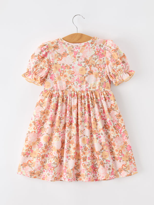 Peach Bow Smocked Floral Girl Dress
