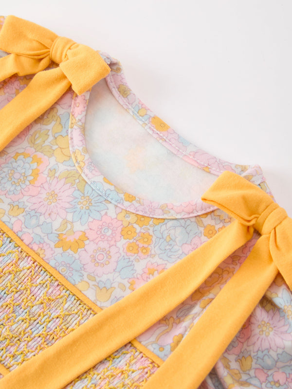 Yellow Bow Smocked Floral Baby Bubble