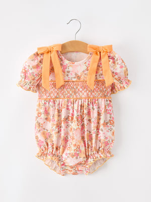 Peach Bow Smocked Floral Baby Bubble