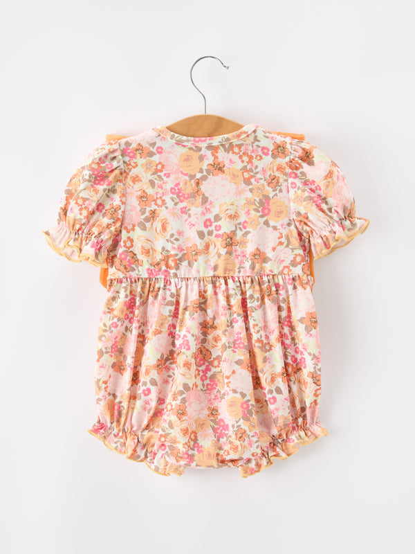 Peach Bow Smocked Floral Baby Bubble