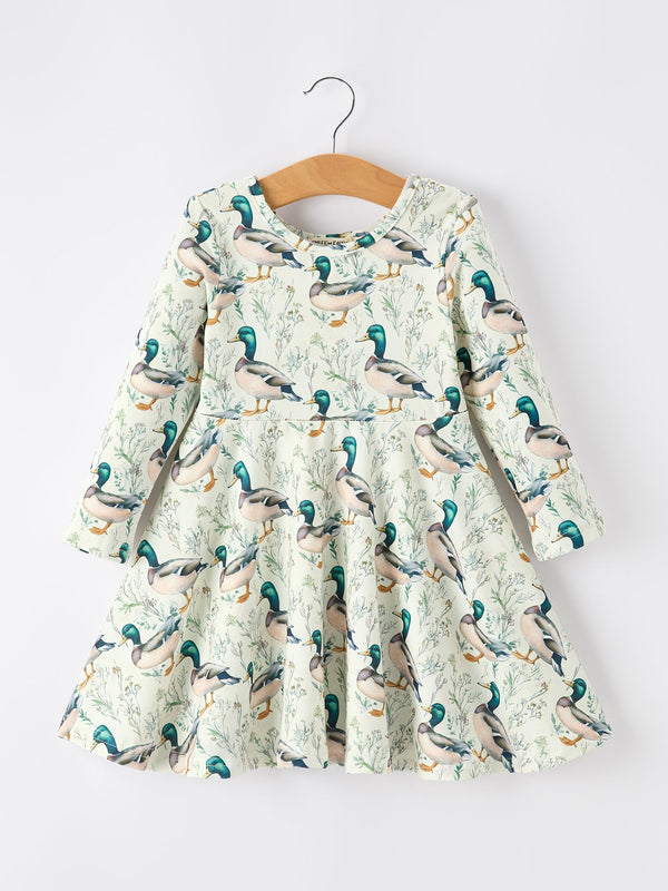 Girls Duck Print Dress Long Sleeve Twirl Dress