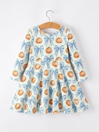 Halloween Thanksgiving Pumpkin Bow Girls Dress Long Sleeve