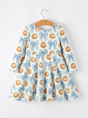 Halloween Thanksgiving Pumpkin Bow Girls Dress Long Sleeve