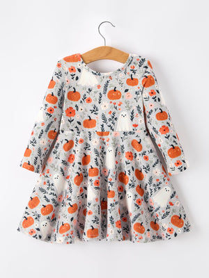 Halloween Pumpkin Ghost Girls Dress Long Sleeve Twirl Dress