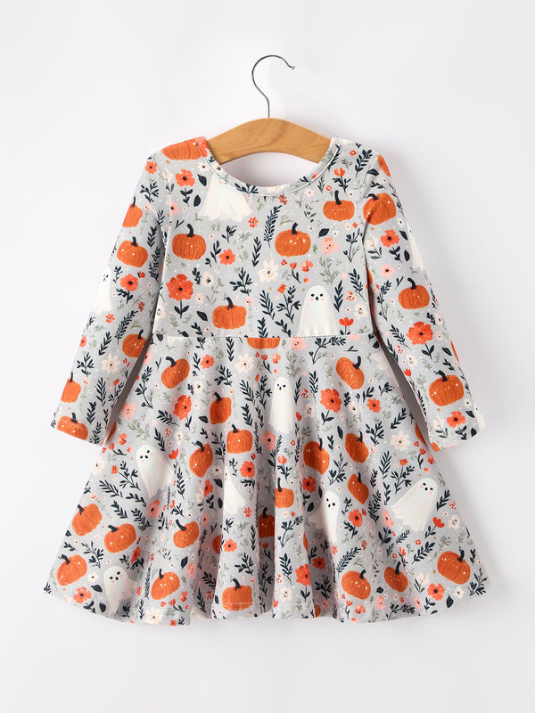 Halloween Pumpkin Ghost Girls Dress Long Sleeve Twirl Dress