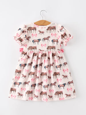 Western Horse Smocked Girls Dress Bow Ruffle Short Sleeve