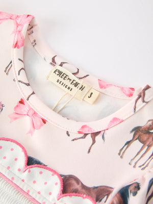 Western Horse Smocked Girls Dress Bow Ruffle Short Sleeve