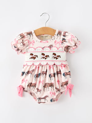 Western Horse Smocked Girls Romper Bow Ruffle Short Sleeve