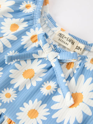 Summer Daisy Print Girls Romper Bow Ruffle