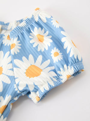 Summer Daisy Print Girls Romper Bow Ruffle