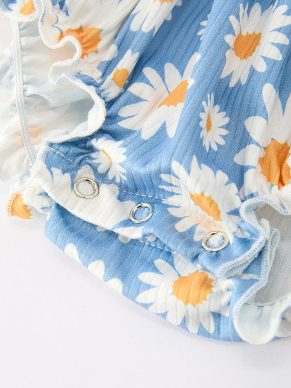 Summer Daisy Print Girls Romper Bow Ruffle