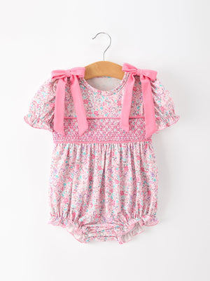 Pink Bow Smocked Floral Baby Bubble