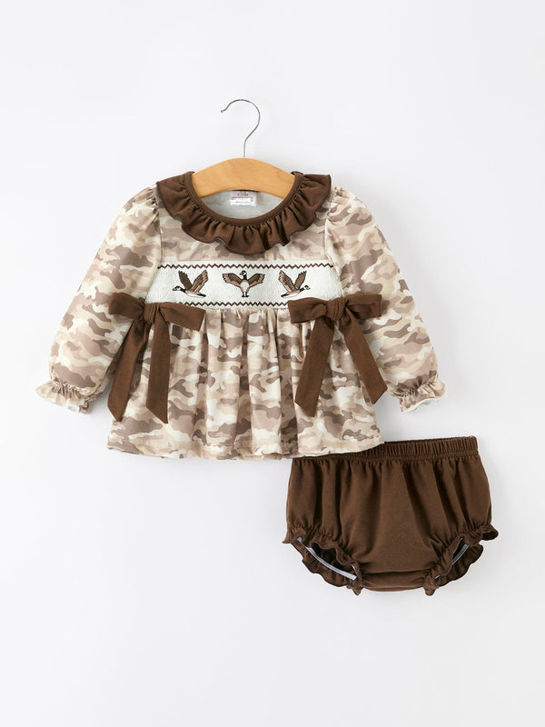 Duck Smocked Camo Baby Bloomer Set Bow Detail