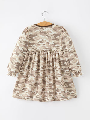 Duck Smocked Camo Girl Dress Bow Detail
