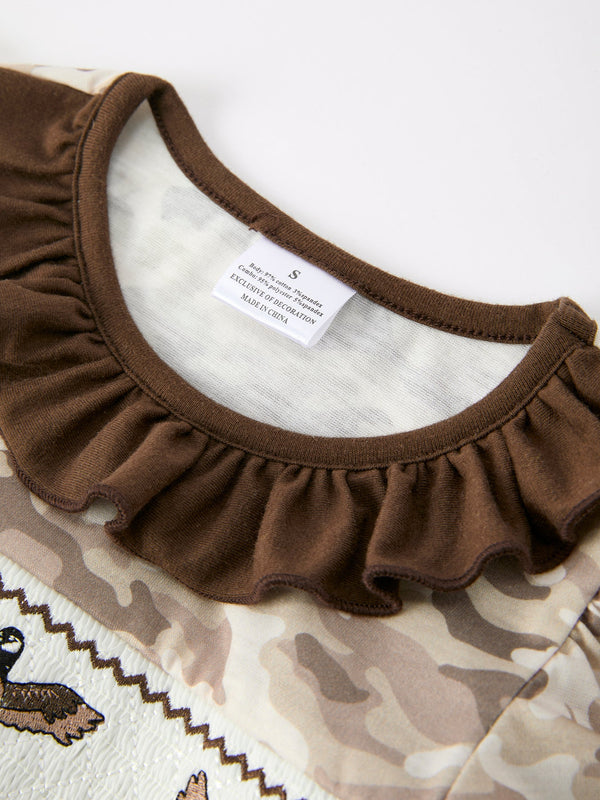 Duck Smocked Camo Girl Dress Bow Detail