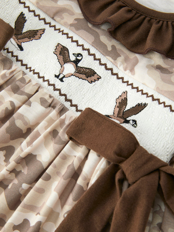 Duck Smocked Camo Girl Dress Bow Detail