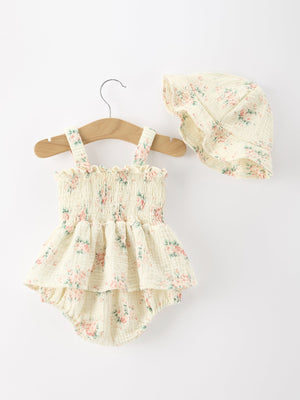 Muslin Summer Floral Print Smocked Baby Girl Romper Set Hat