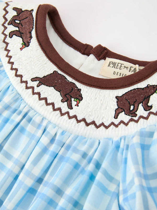 Bear Smocked Plaid Baby Bubble