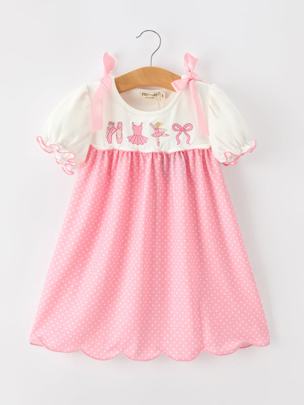 Fall Pink Ballet Embroidery Bow Polka Dot Dress