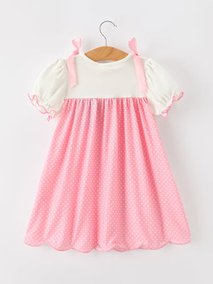 Fall Pink Ballet Embroidery Bow Polka Dot Dress