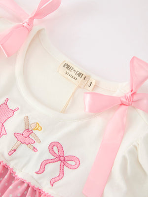 Fall Pink Ballet Embroidery Bow Polka Dot Dress
