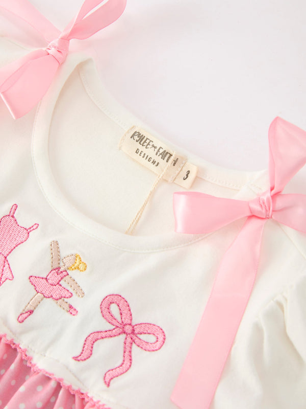 Fall Pink Ballet Embroidery Bow Polka Dot Dress