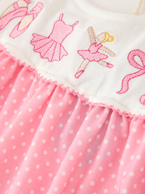 Fall Pink Ballet Embroidery Bow Polka Dot Dress