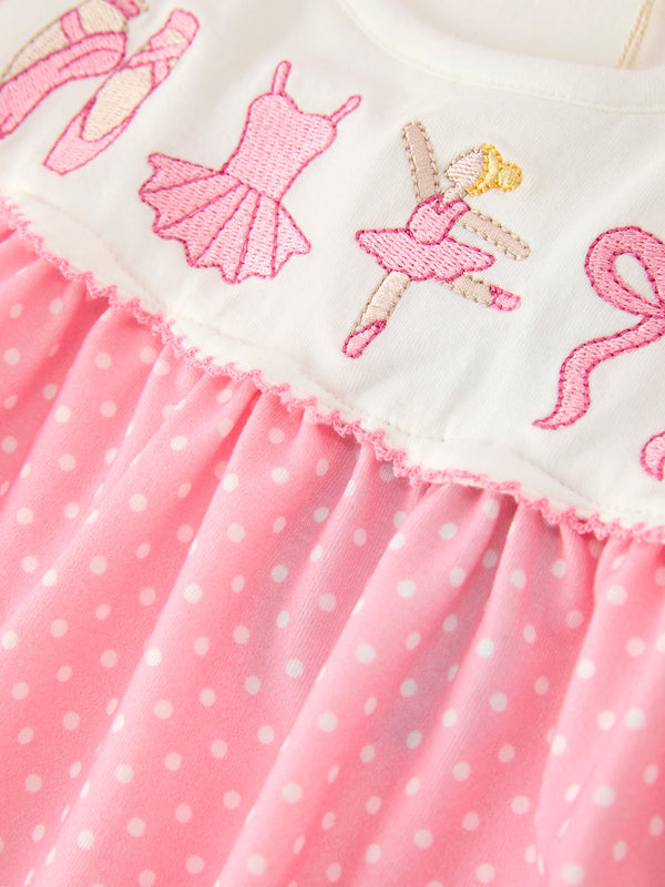 Fall Pink Ballet Embroidery Bow Polka Dot Dress