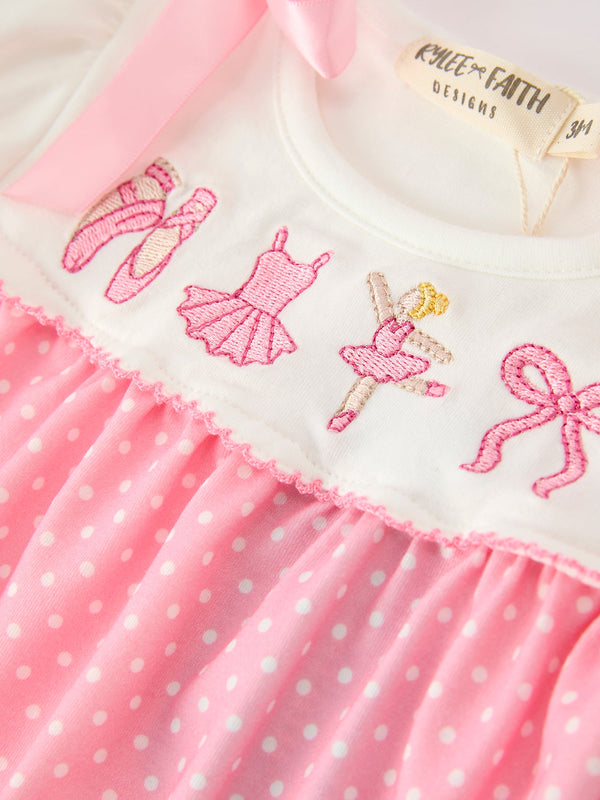 Fall Pink Ballet Embroidery Bow Bubble Romper