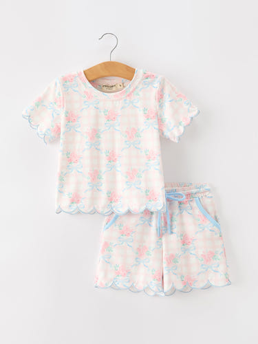 Bow Floral Girl Short Set Scallop Hem