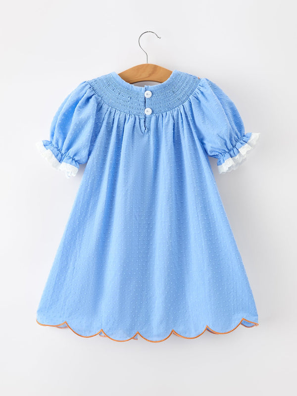 Blue Fall Thanksgiving&Halloween Pumpkin Smock Embroidery Lace Baby Girl Dress