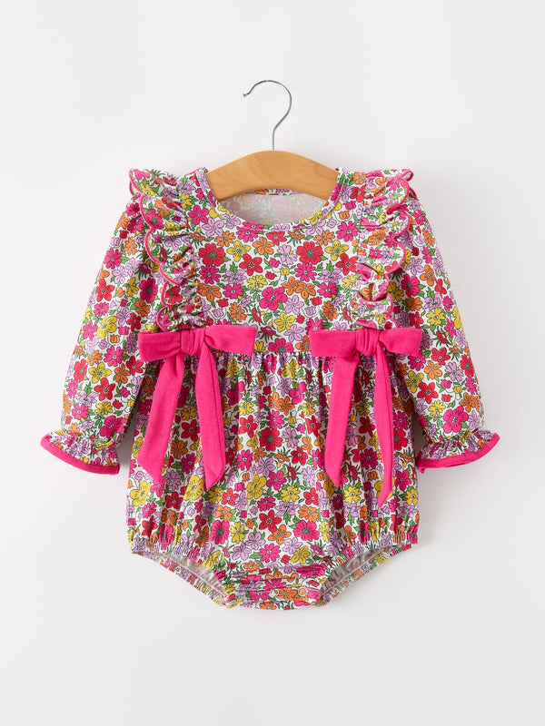 Hot Pink Bow Floral Girl Bubble Romper