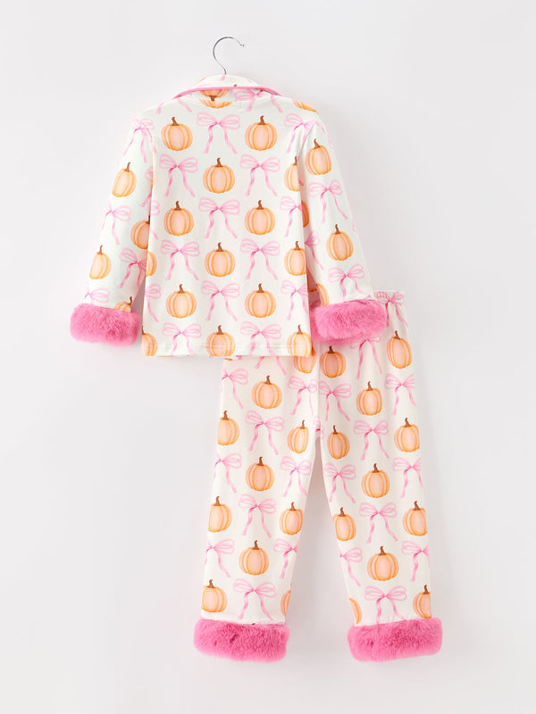 Halloween Thanksgiving Pumpkin Bow Fur Pajama Set