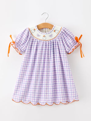 Halloween Ghost Plaid Bow Scallop Girls Dress