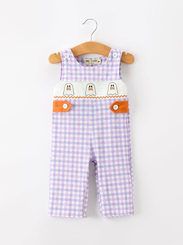 Halloween Ghost Plaid Smocked Baby Boy Romper