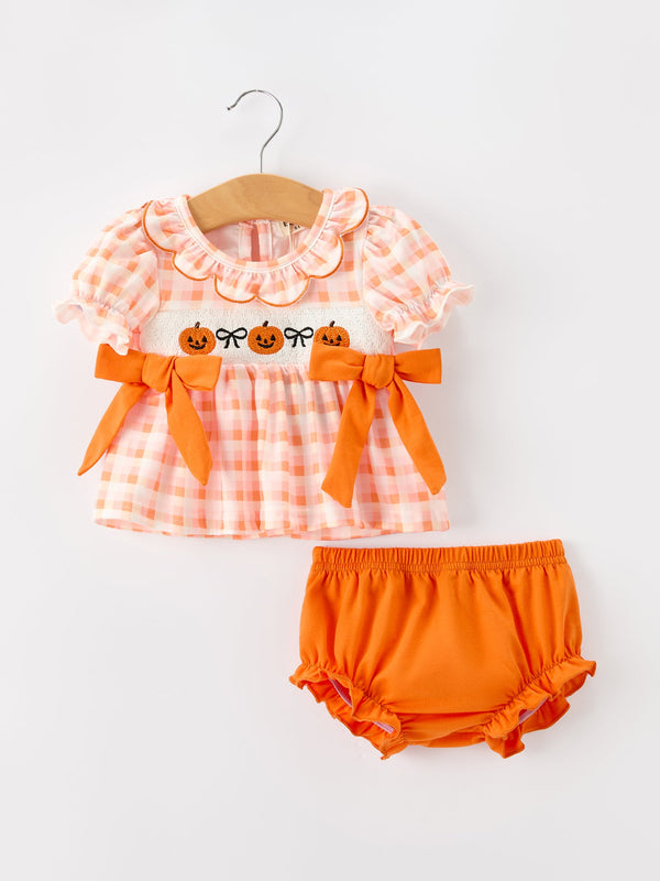 Halloween Pumpkin Plaid Girls Bloomer Set
