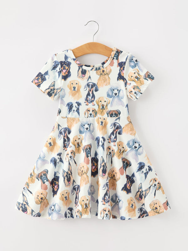 Dog Print Girls Short Sleeve Twirl Dress