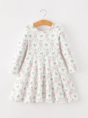 Fall Ballet Bow Girls Long Sleeve Twirl Dress