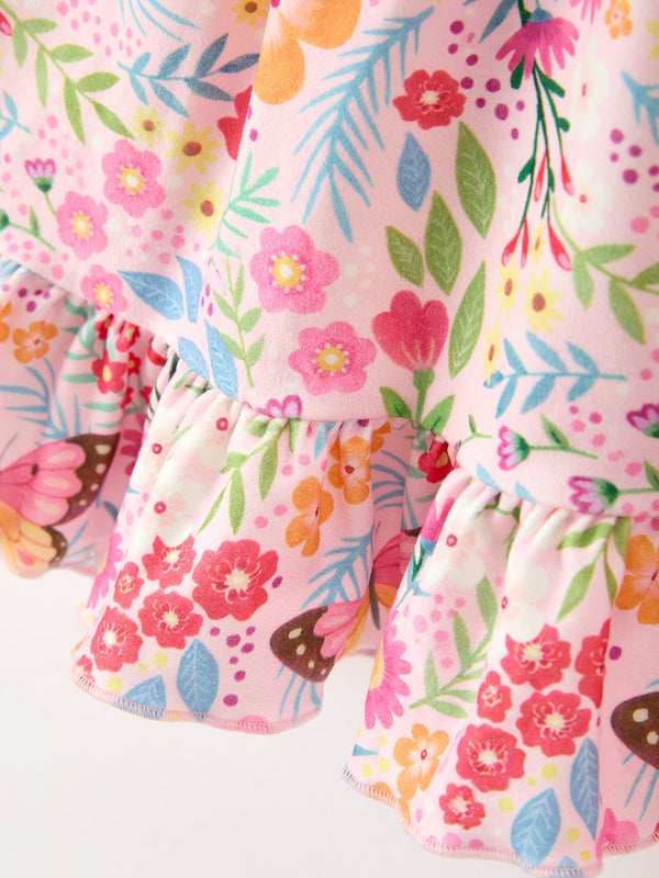 Fall Butterfly Floral Print Girls Ruffle Hem Twirl Dress