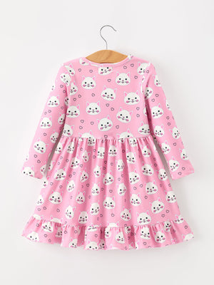 Fall Cat Print Girls Ruffle Hem Twirl Dress